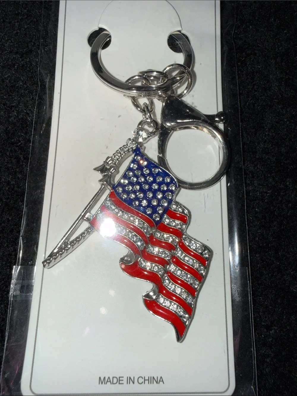 American Flag Rhinestone Key & Card Holder Charm - Silver, Red & Blue